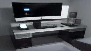 A modern workspace with a laptop showing performance graphs, server racks with blinking LEDs, and a developer reviewing code