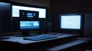 A server room illuminated by blue LED strips, with glowing circuit boards and data visualizations on a curved monitor in the foreground