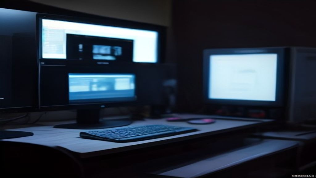 A server room illuminated by blue LED strips, with glowing circuit boards and data visualizations on a curved monitor in the foreground