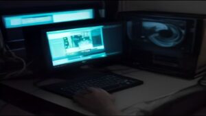 Modern workstation displaying real-time CPU and GPU performance metrics with dashboard analytics