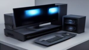 A modern server room with glowing blue LEDs, data streams as luminous threads weaving through sleek hardware, emphasizing optimization