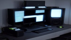 A modern office with dual monitors showing performance graphs, a futuristic skyline beyond a glass wall, and an analyst reviewing data