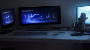 A modern server room with glowing blue lights, high-performance computers running efficiently, clean and organized workspace with digital dashboards displaying performance metrics in real-time