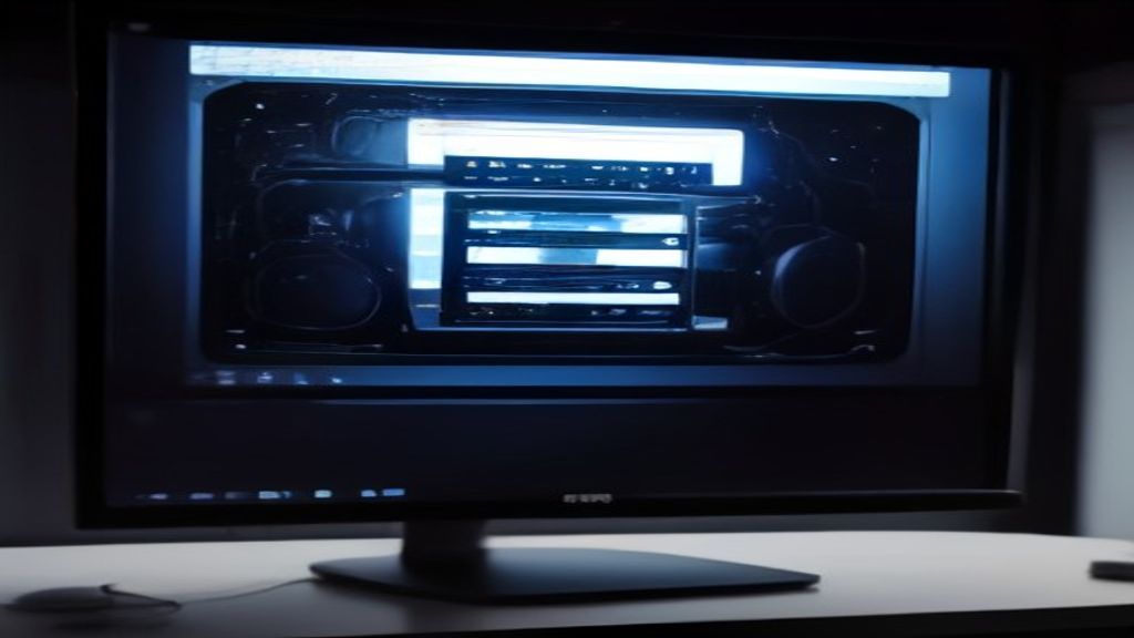 Tech workspace with monitor showing performance charts, server racks, and city skyline through a window