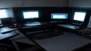 A sleek server rack with glowing blue LEDs, cables neatly arranged, set against a dark background to convey speed and efficiency.