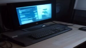 Clean workspace with dual monitors displaying server performance metrics and optimization dashboards