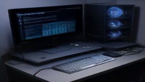 A sleek server rack with blinking LEDs, hardware, and a transparent display showing real‑time performance graphs in a data center