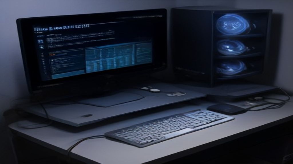 A sleek server rack with blinking LEDs, hardware, and a transparent display showing real‑time performance graphs in a data center