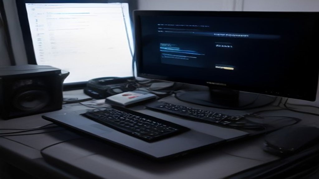 Server racks glowing, dual monitors showing performance dashboards, and a laptop displaying optimization metrics in a dim tech workspace