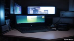 A data center rack with glowing LED indicators overlaid with line graphs showing rising performance metrics and a laptop displaying code