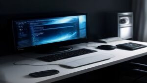 A sleek laptop on a minimalist desk with notebook and coffee cup under soft natural light