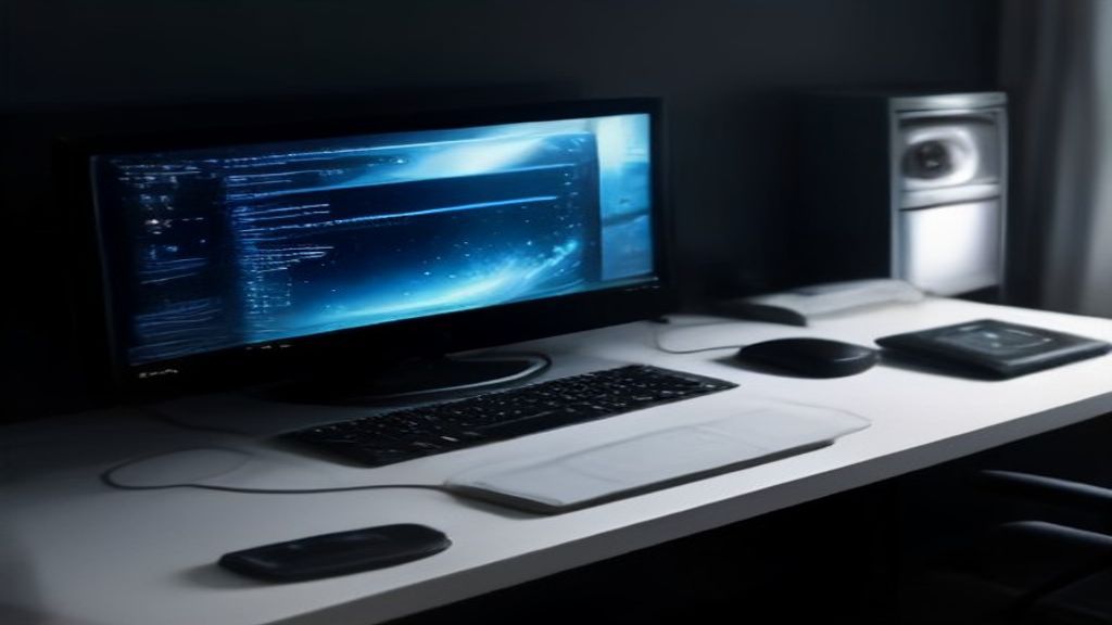 A sleek laptop on a minimalist desk with notebook and coffee cup under soft natural light