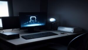A futuristic smartphone on a sleek desk, displaying a high-speed gaming interface while 5G/6G network icons glow around it