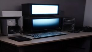 Sleek wireless gaming headset on a modern desk with neon RGB lighting, surrounded by gaming peripherals in a dark room