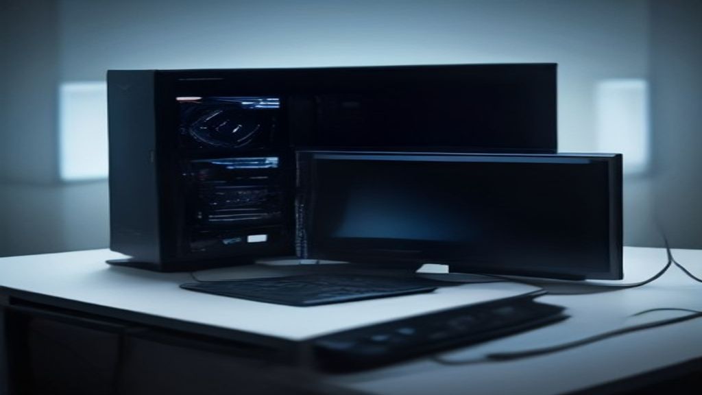 A sleek futuristic desk displaying glowing holographic data streams and glowing neural network nodes against a dark ambient background