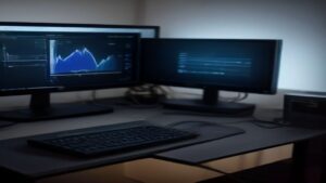 Futuristic AI interface with glowing neural networks, digital circuit patterns, and holographic data streams in a modern tech workspace