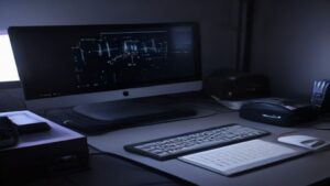A futuristic gaming setup with a curved ultrawide monitor displaying AI-generated game graphics and RGB lighting