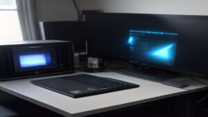 A sleek AI PC workstation with glowing holographic UI elements hovering above a minimalist desk, highlighting advanced computing power.
