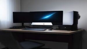 Seven budget gaming laptops lined up on a desk, each showing a different game running on screen