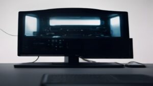 A sleek 2026 AI workstation with multiple GPUs, high-end CPU, RGB lighting, and holographic LLM token streams floating above the desk