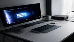 A modern gaming workstation with a powerful GPU, RGB lighting, and a VR headset on a sleek desk, ready for immersive sessions