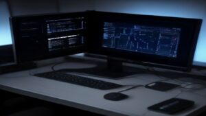 A modern laptop screen displaying colorful performance charts and a futuristic city skyline in the background