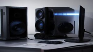 A modern workspace with multiple monitors displaying performance metrics, charts, and data dashboards on a clean desk