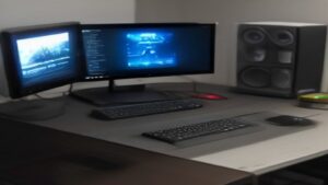 Sleek dark workspace with a glowing monitor displaying benchmark charts and a laptop beside a notebook and coffee cup