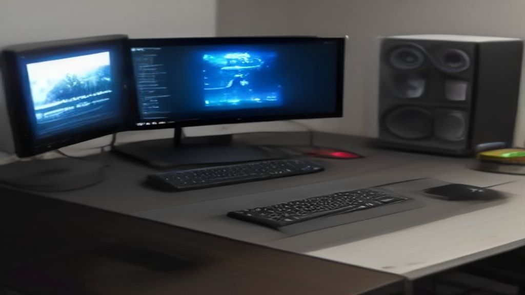 Sleek dark workspace with a glowing monitor displaying benchmark charts and a laptop beside a notebook and coffee cup