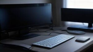 A modern office workspace with a person typing on a laptop, surrounded by data visualizations and charts on a large screen