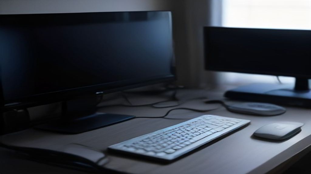 A modern office workspace with a person typing on a laptop, surrounded by data visualizations and charts on a large screen