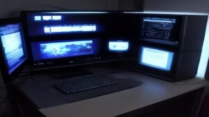 High-end gaming PC components arranged on a sleek black desk setup showing RTX 5090 GPU, DDR5-8000 memory modules, neural rendering technology visualization, and futuristic lighting