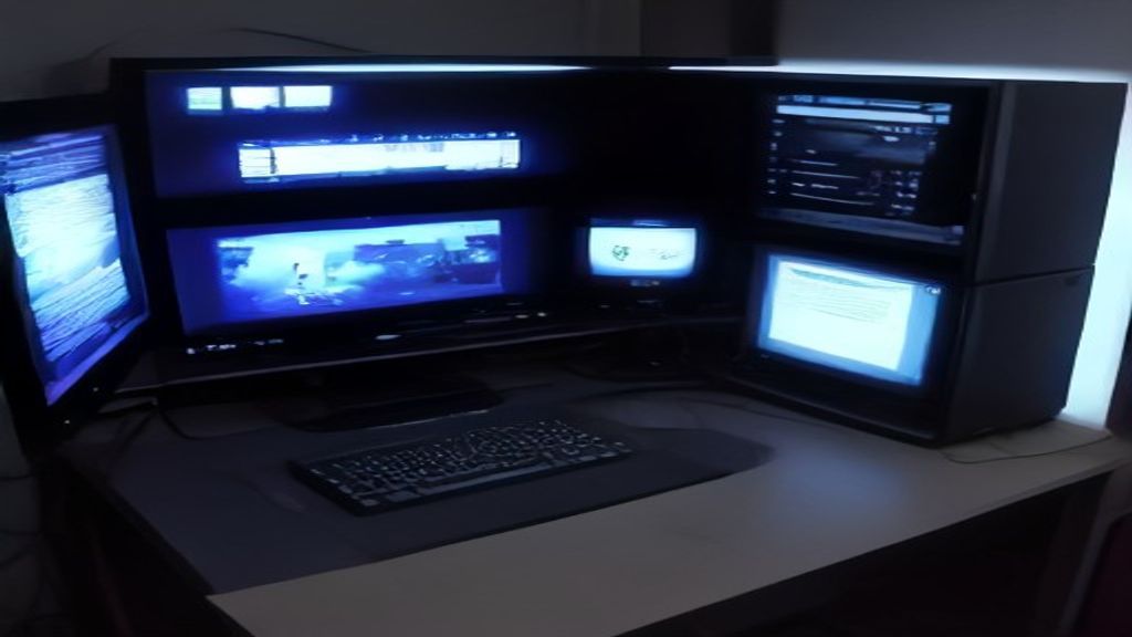 High-end gaming PC components arranged on a sleek black desk setup showing RTX 5090 GPU, DDR5-8000 memory modules, neural rendering technology visualization, and futuristic lighting
