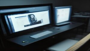 A gaming setup with Wi‑Fi 7 router, RGB PC, dual monitors, mechanical keyboard, and wireless headset.