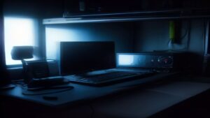 A sleek computer desk featuring the AMD Ryzen AI 9000X processor on a motherboard with RGB lighting reflecting off a dark matte surface