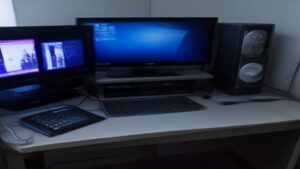 Modern gaming room with advanced Wi-Fi 7 router and multiple gaming stations, demonstrating ultra-low latency performance.