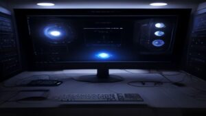 A sleek modern room showing a high-performance router and smartphone streaming game data with clear latency visualization graphs on screen