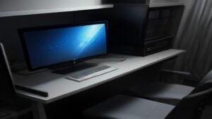 A sleek Windows 11 desktop monitor displaying the updated 25H2 interface with glowing blue accents and a clean modern layout