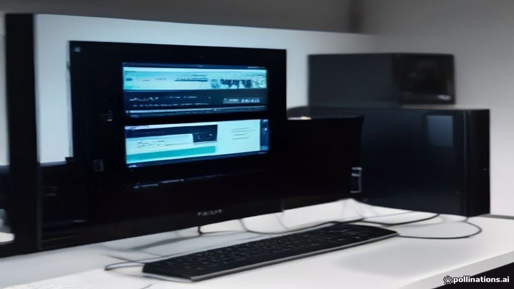Gaming desk with RGB PC tower, high refresh monitor, keyboard, mouse, and abstract tuning visuals under blue ambient light